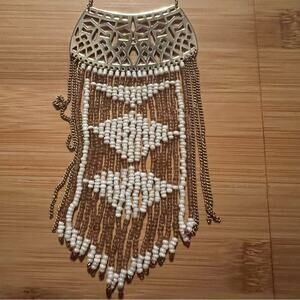 STELLA & DOT Avalon Fringe Necklace BEADED DANGLES BIB Gold Tone WHITE SEED BEAD